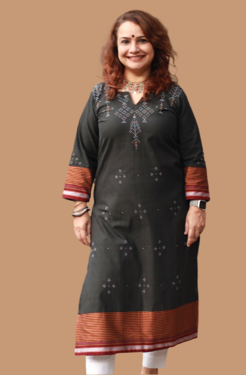 Daana | Tangaliya Kurta | Moss Brown with Mutlicolour Khunn