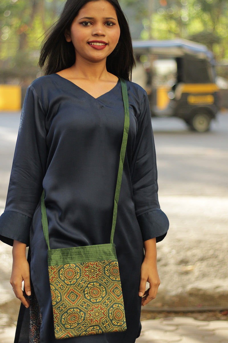 Fabric Sling Bag | Ajrakh Mashru | Bottle Green