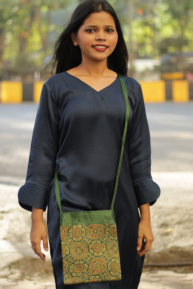 Fabric Sling Bag | Ajrakh Mashru | Bottle Green