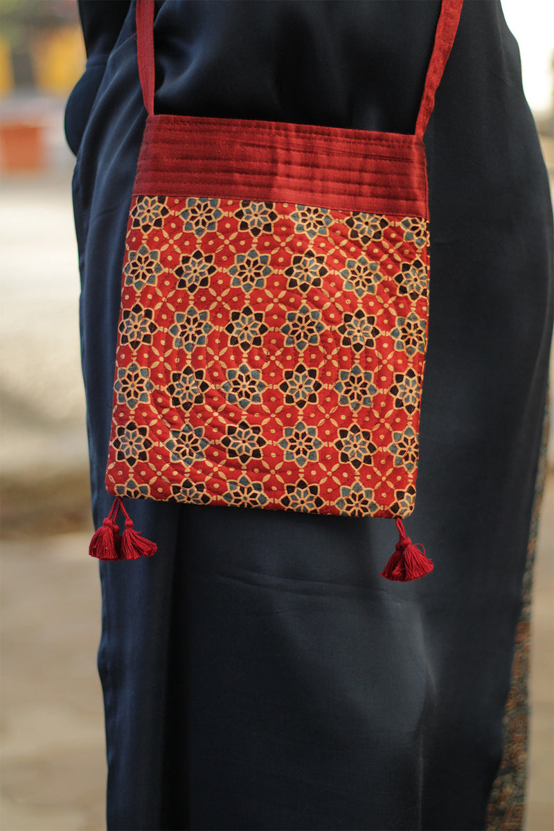 Fabric Sling Bag | Ajrakh Mashru | Madder Red Trellis