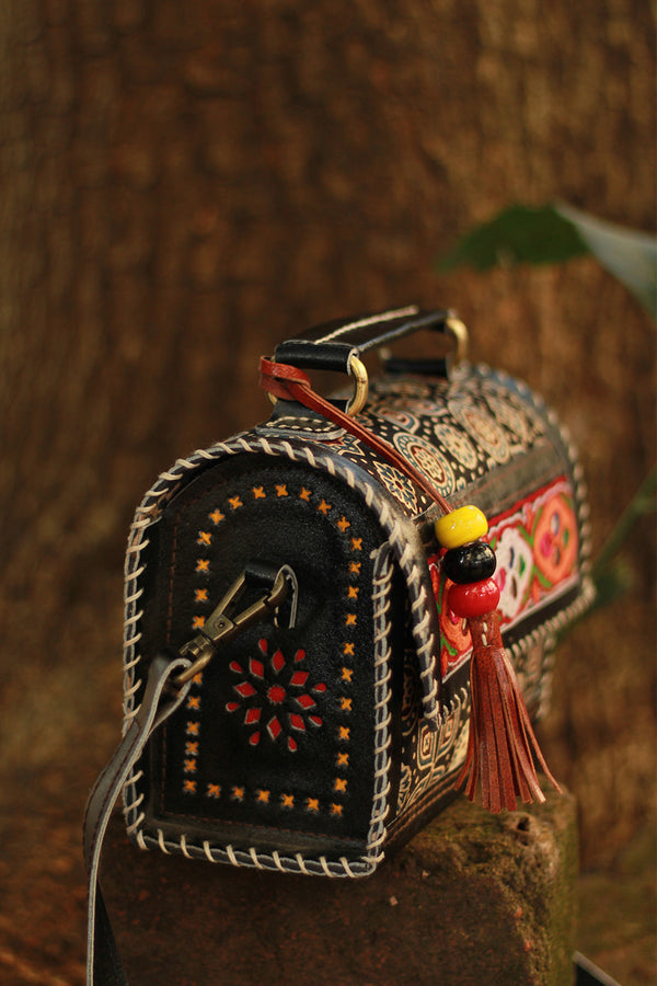 Handcrafted Kutch Leather Bag | Mirrorwork | Ajrakh