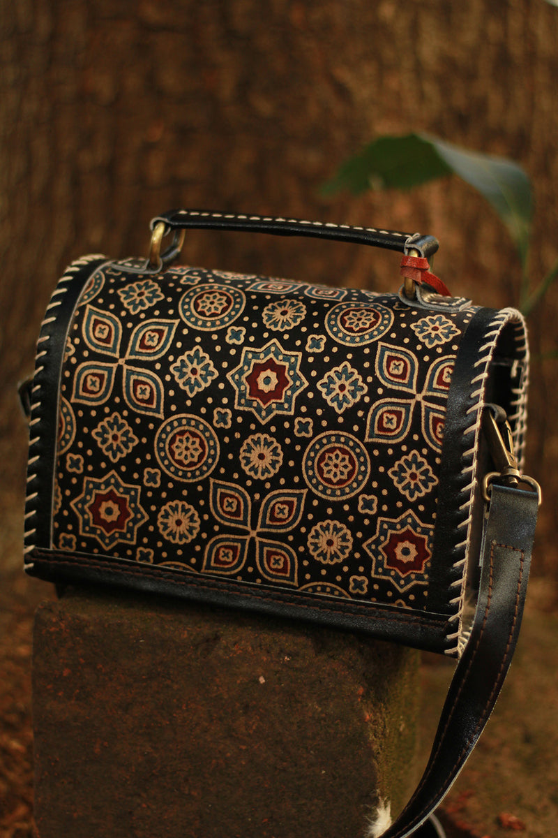 Handcrafted Kutch Leather Bag | Mirrorwork | Ajrakh