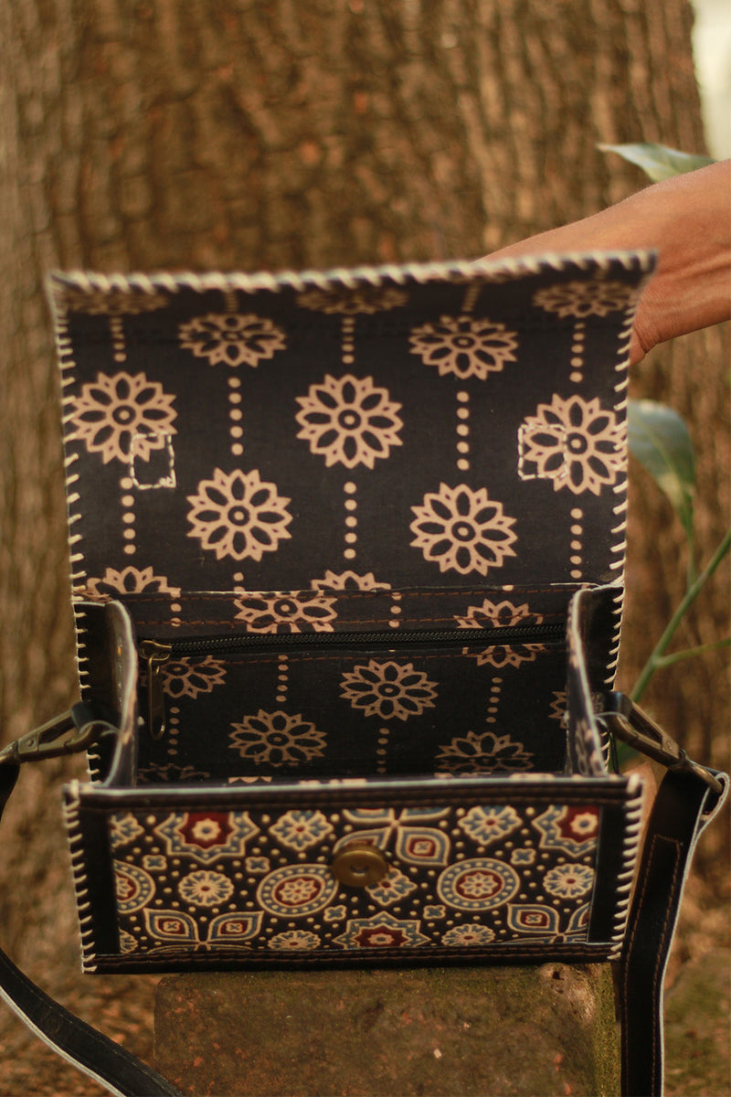 Handcrafted Kutch Leather Bag | Mirrorwork | Ajrakh