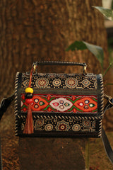 Handcrafted Kutch Leather Bag | Mirrorwork | Ajrakh