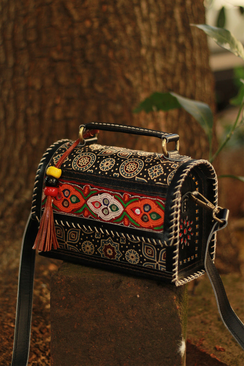 Handcrafted Kutch Leather Bag | Mirrorwork | Ajrakh