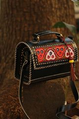 Handcrafted Kutch Leather Bag | Mirrorwork | Noir