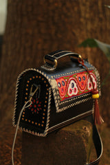 Handcrafted Kutch Leather Bag | Mirrorwork | Noir