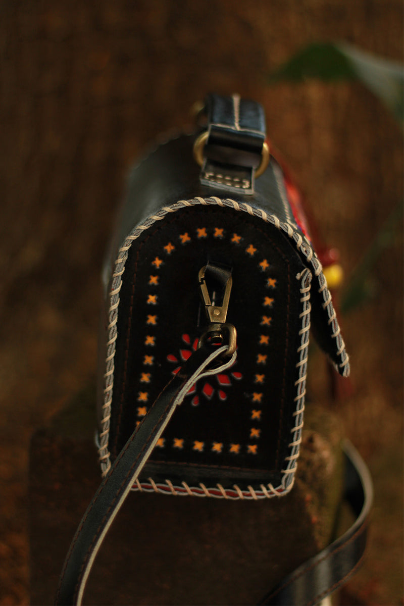 Handcrafted Kutch Leather Bag | Mirrorwork | Noir