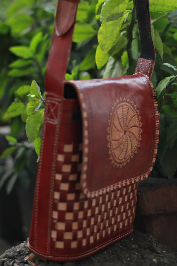 Handcrafted Kutchi Leather Bag | Woven | Brown