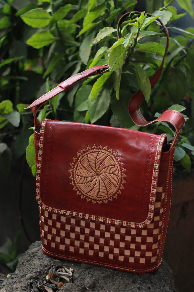 Handcrafted Kutchi Leather Bag | Woven | Brown