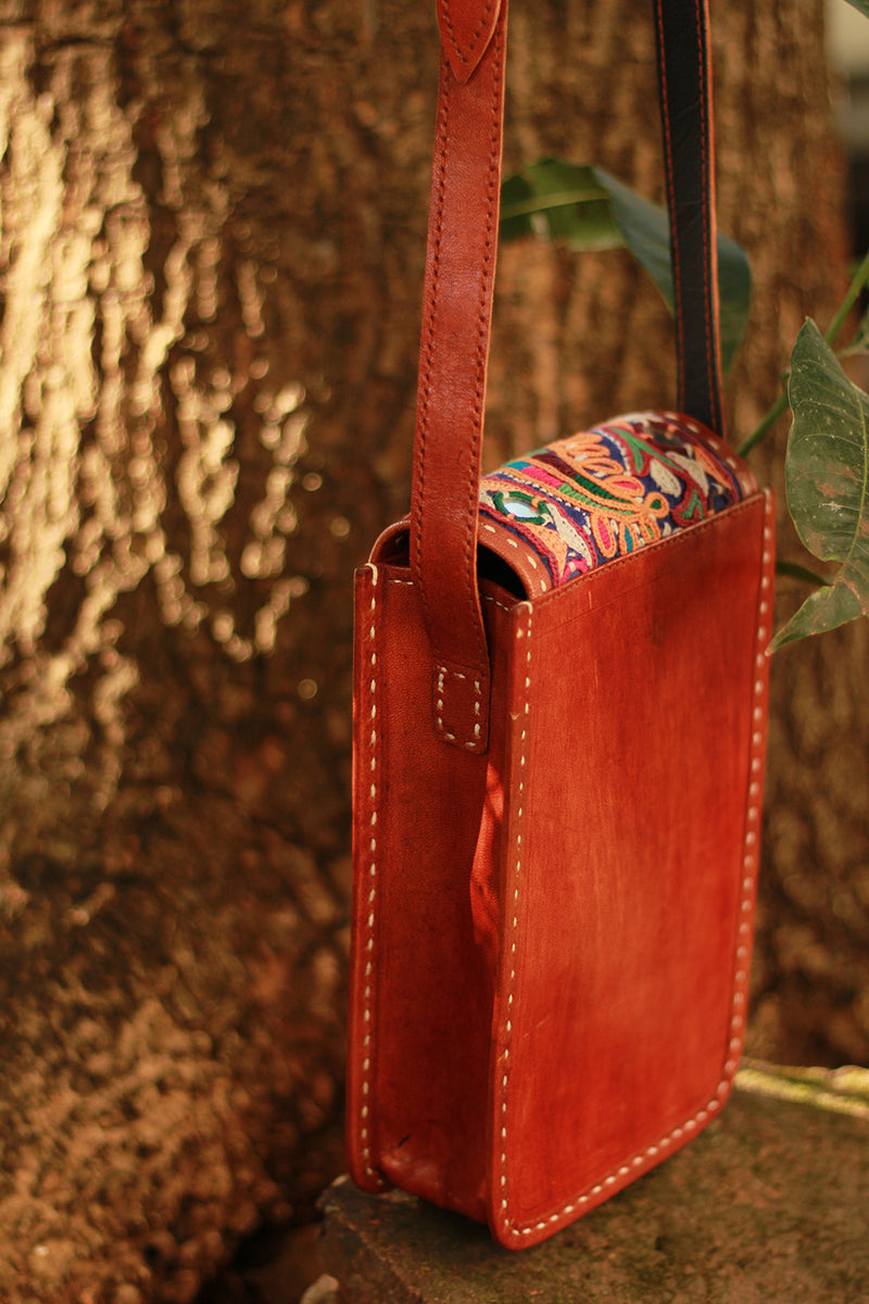 Handcrafted Kutch Leather Bag | Mirrorwork | Brown