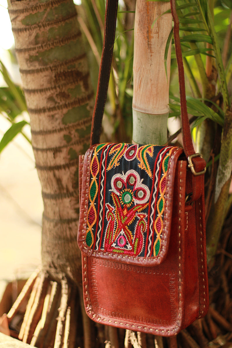 Handcrafted Kutch Leather Bag | Mirrorwork | Brown