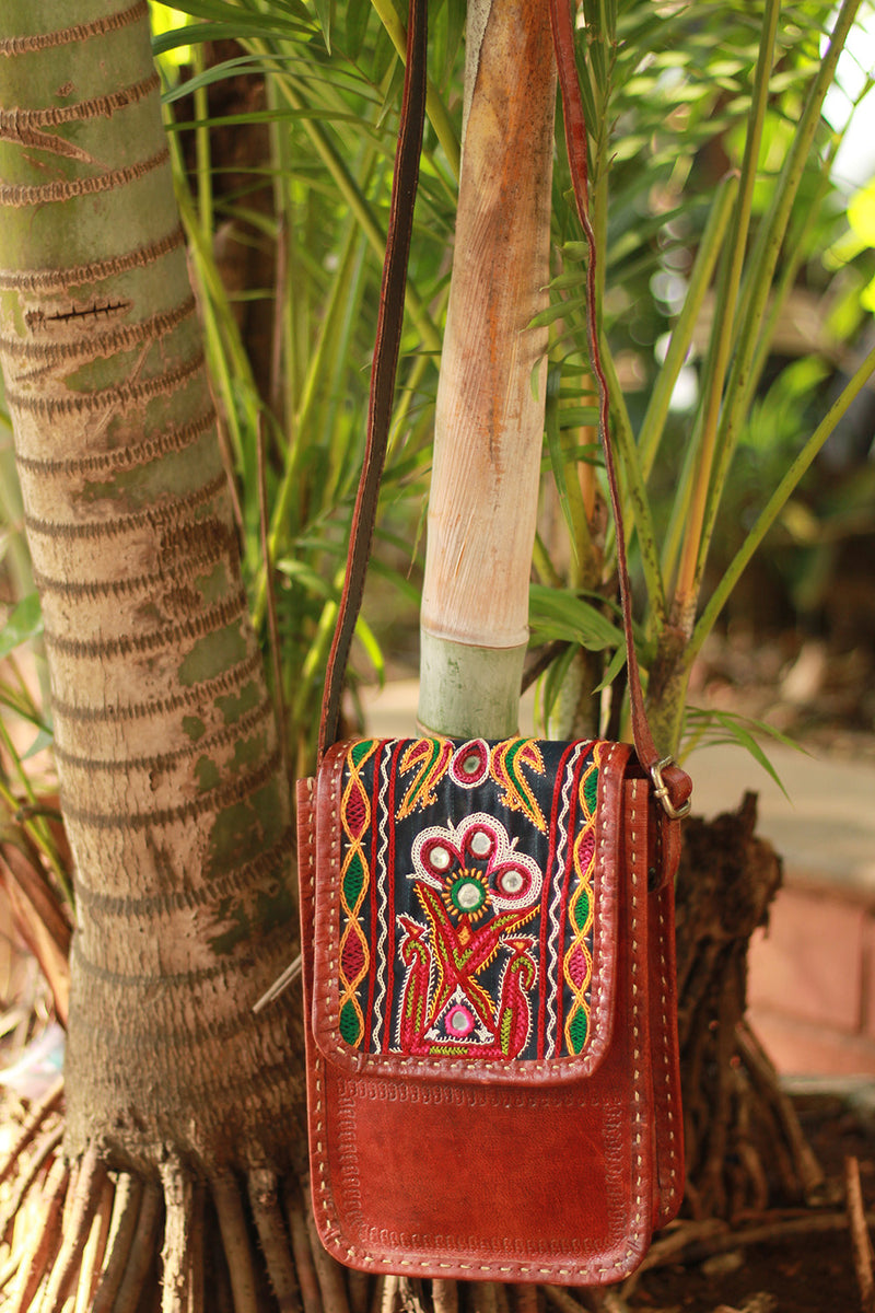 Handcrafted Kutch Leather Bag | Mirrorwork | Brown