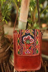 Handcrafted Kutch Leather Bag | Mirrorwork | Brown