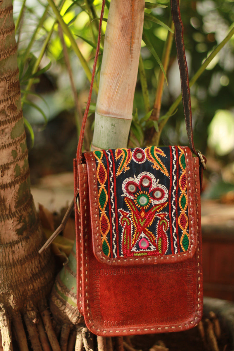 Handcrafted Kutch Leather Bag | Mirrorwork | Brown