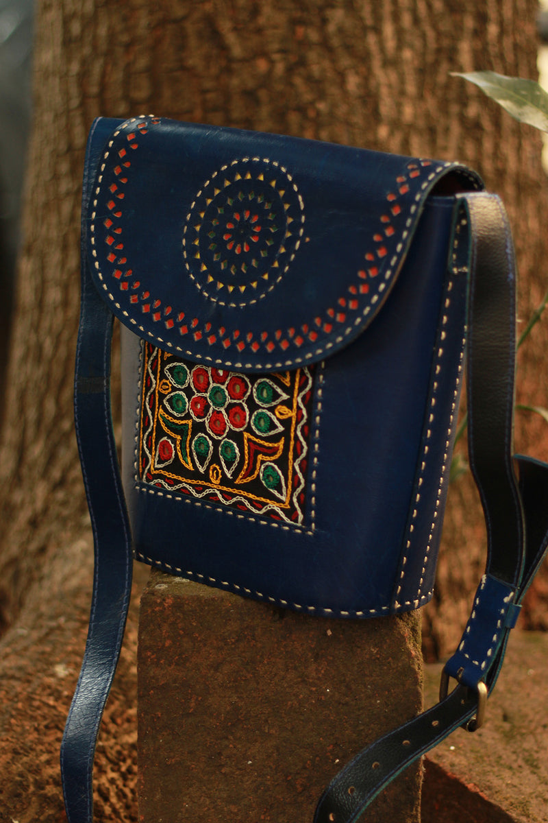 Handcrafted Kutch Leather Bag | Mirrorwork | Blue