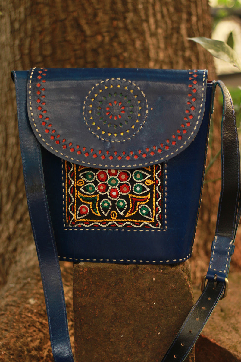 Handcrafted Kutch Leather Bag | Mirrorwork | Blue