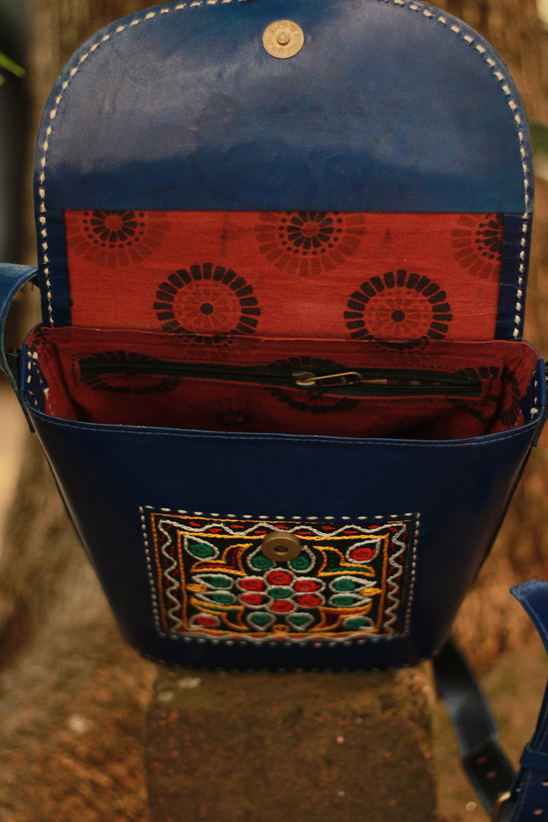 Handcrafted Kutch Leather Bag | Mirrorwork | Blue