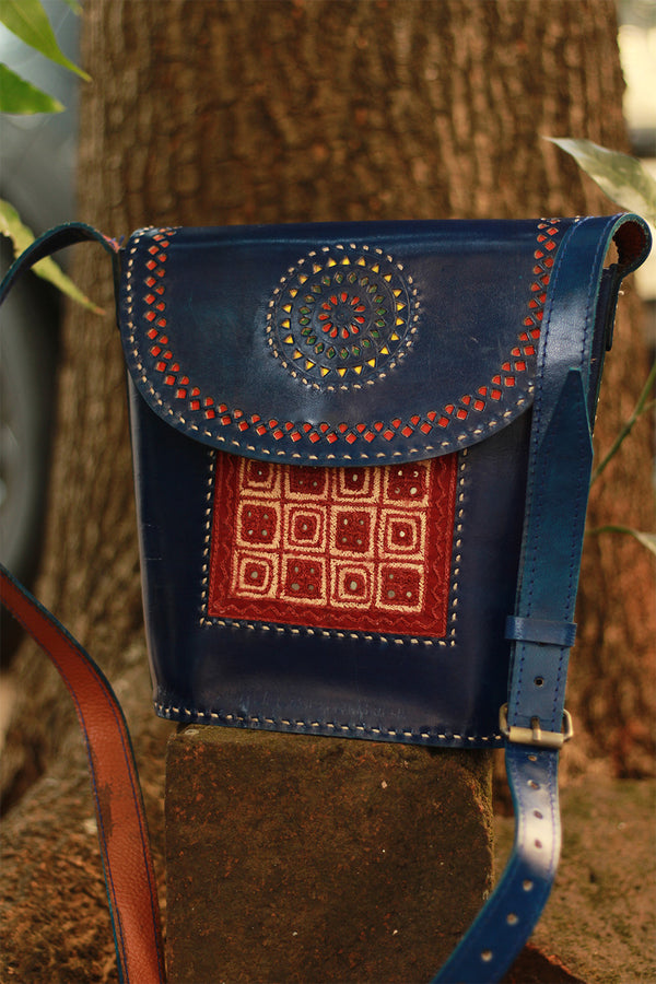 Handcrafted Kutch Leather Bag | Mirrorwork | Blue