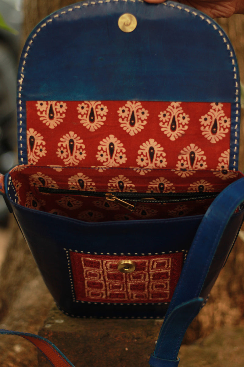 Handcrafted Kutch Leather Bag | Mirrorwork | Blue