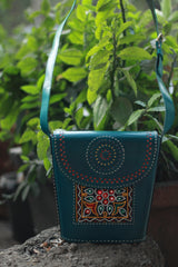 Handcrafted Kutch Leather Bag | Mirrorwork | Teal