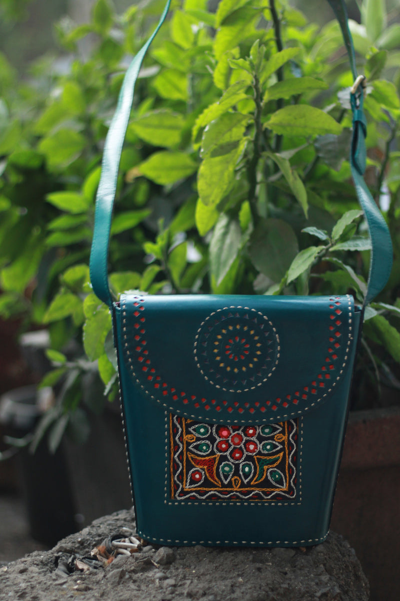 Handcrafted Kutch Leather Bag | Mirrorwork | Teal