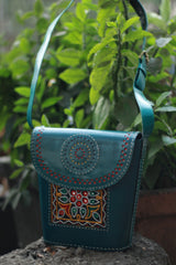 Handcrafted Kutch Leather Bag | Mirrorwork | Teal