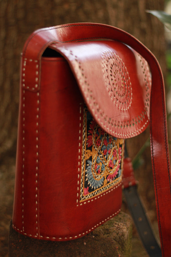 Handcrafted Kutch Leather Bag | Mirrorwork | Brown