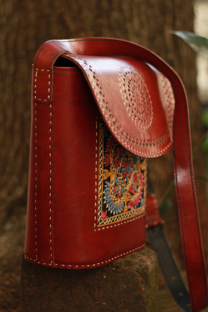 Handcrafted Kutch Leather Bag | Mirrorwork | Brown