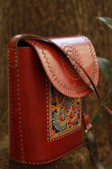 Handcrafted Kutch Leather Bag | Mirrorwork | Brown