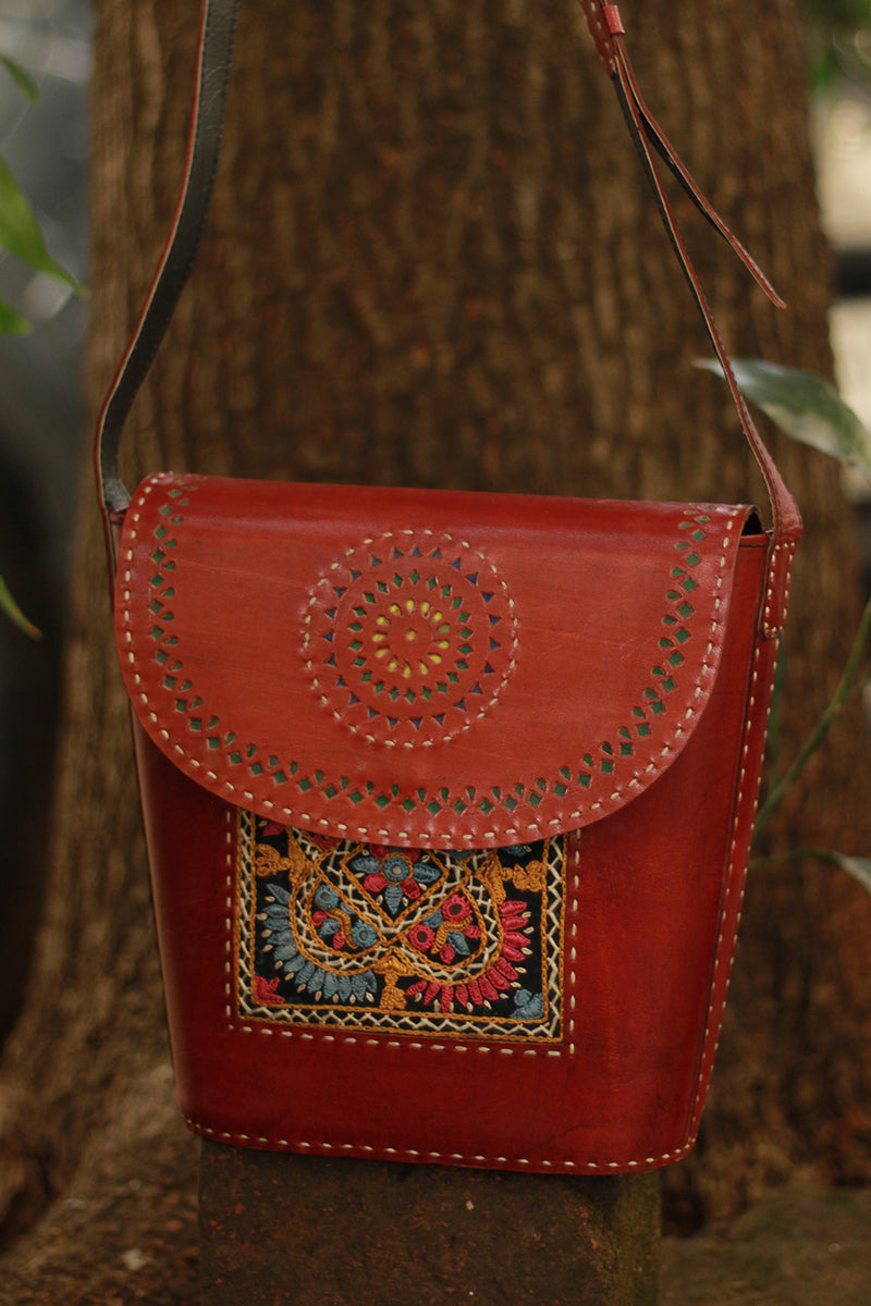 Handcrafted Kutch Leather Bag | Mirrorwork | Brown