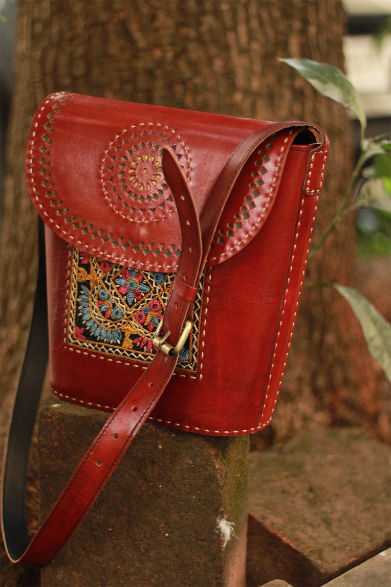 Handcrafted Kutch Leather Bag | Mirrorwork | Brown