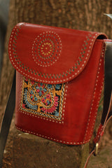 Handcrafted Kutch Leather Bag | Mirrorwork | Brown