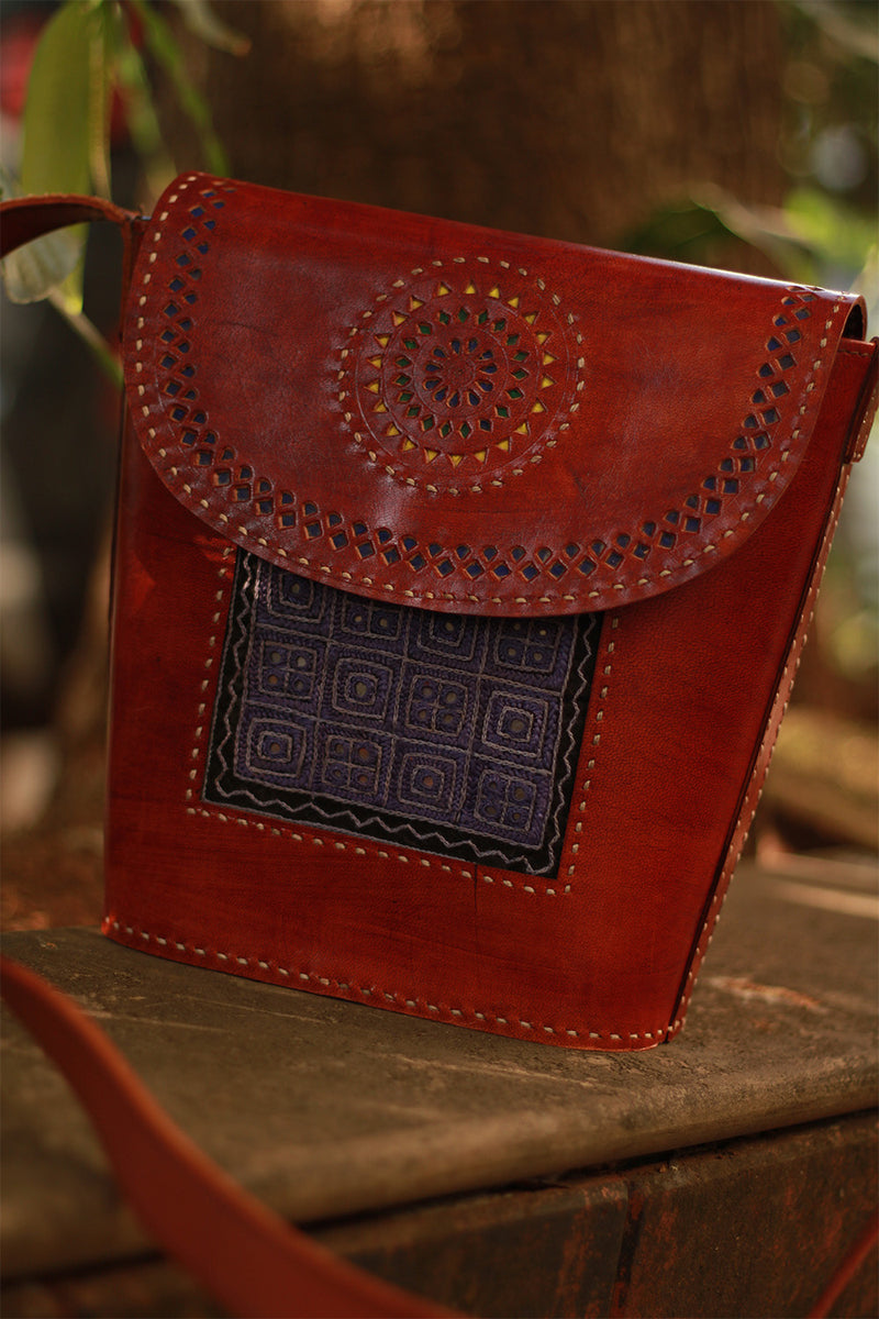 Handcrafted Kutch Leather Bag | Mirrorwork | Brown