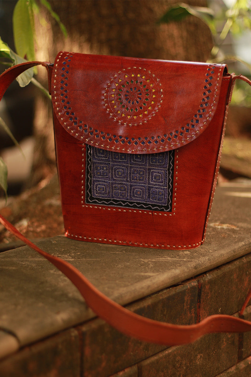 Handcrafted Kutch Leather Bag | Mirrorwork | Brown