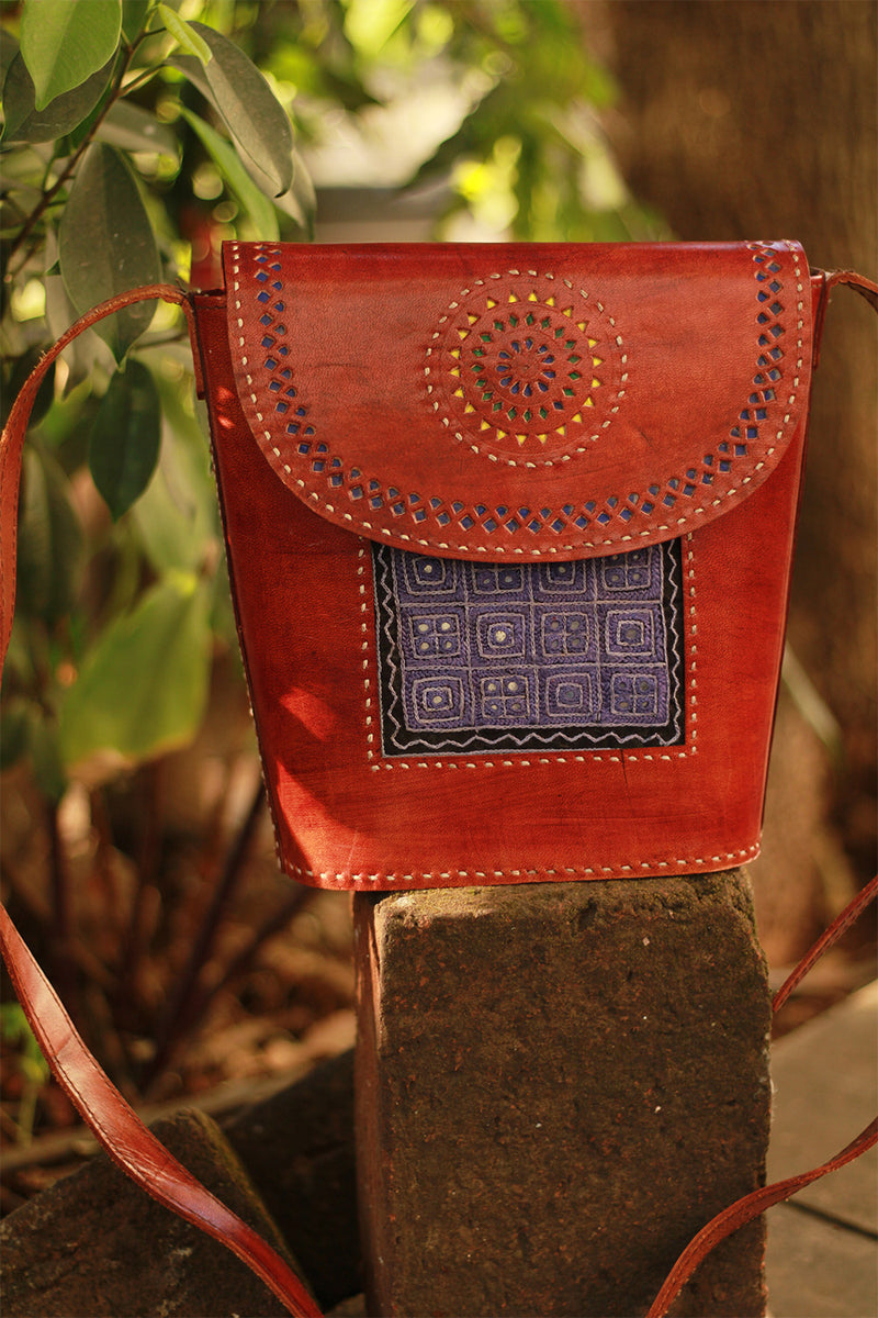 Handcrafted Kutch Leather Bag | Mirrorwork | Brown