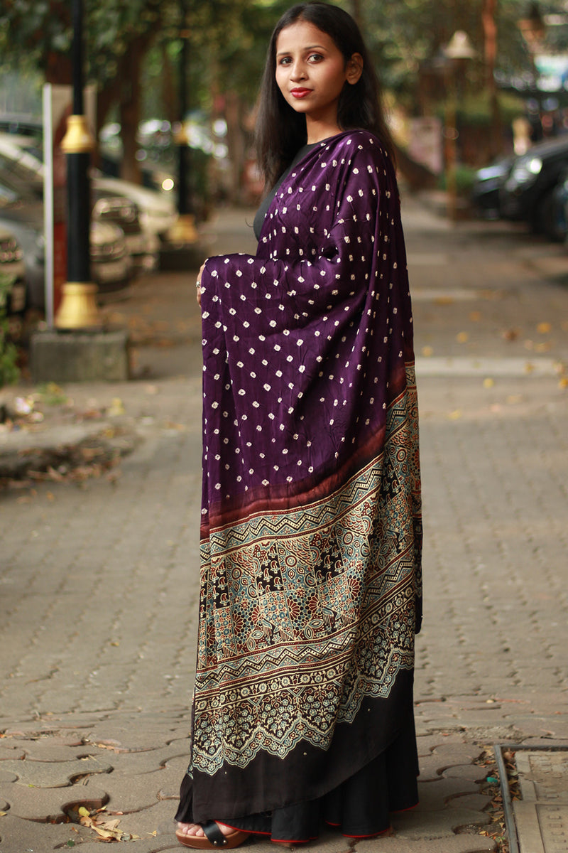 Modal Silk Ajrakh Bandhni Dupatta  | Purple