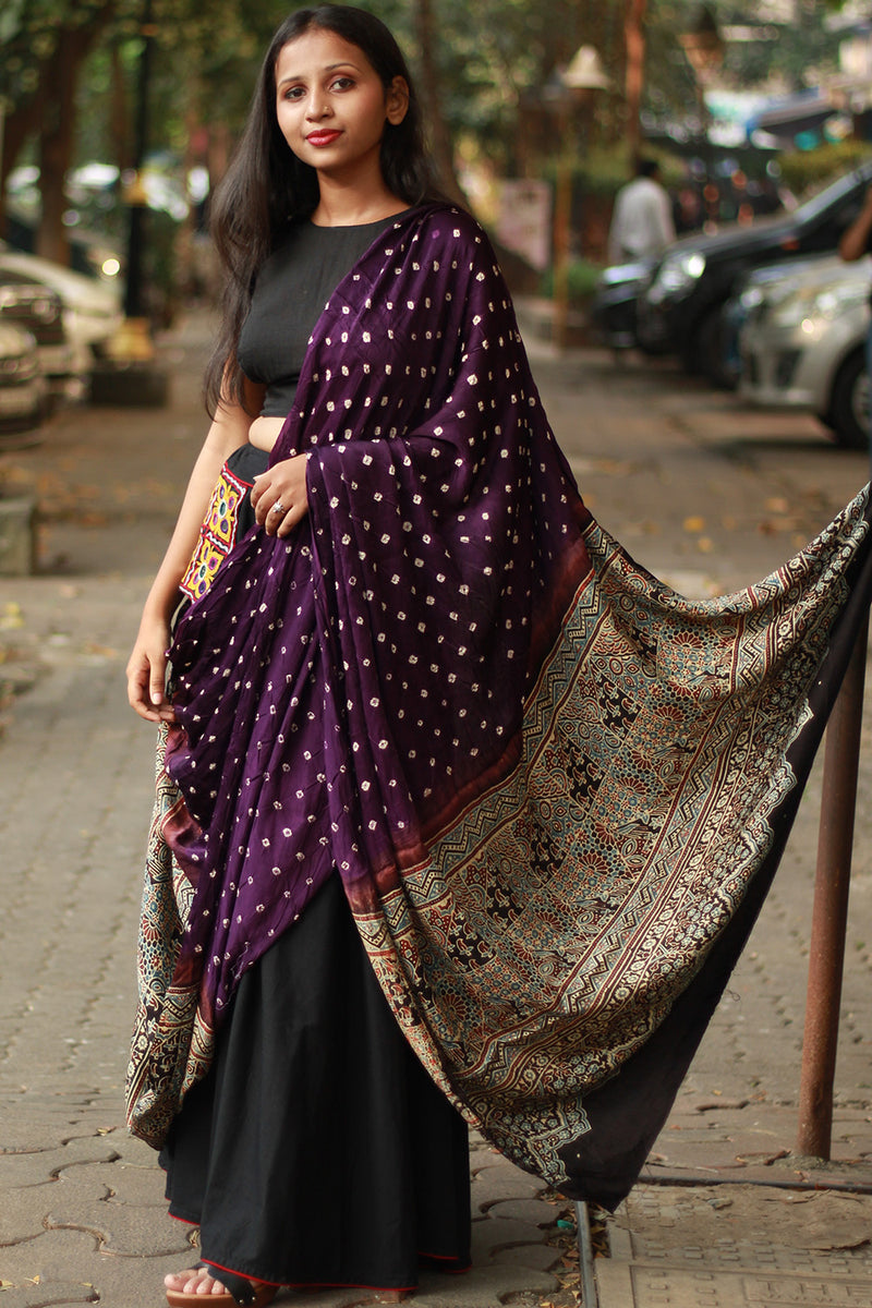 Modal Silk Ajrakh Bandhni Dupatta  | Purple