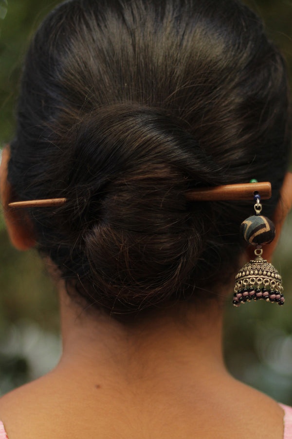 Anokhi | Potli  Jhumka Juda stick | Noir Ajrakh & Purple