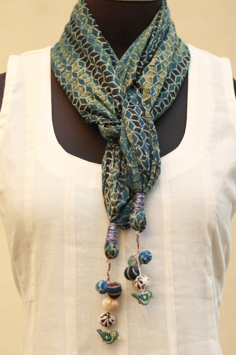 Phirki | Jewelled scarf | Mul Cotton | Sea Green Ajrakh