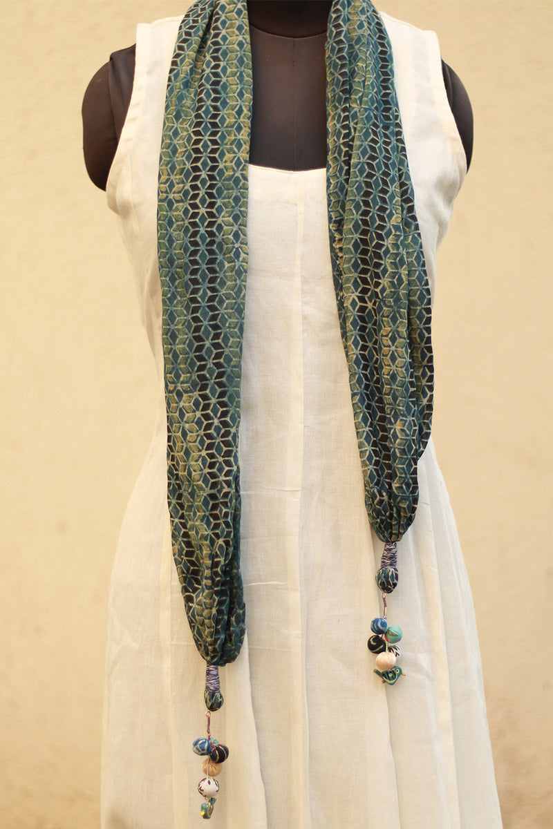 Phirki | Jewelled scarf | Mul Cotton | Sea Green Ajrakh