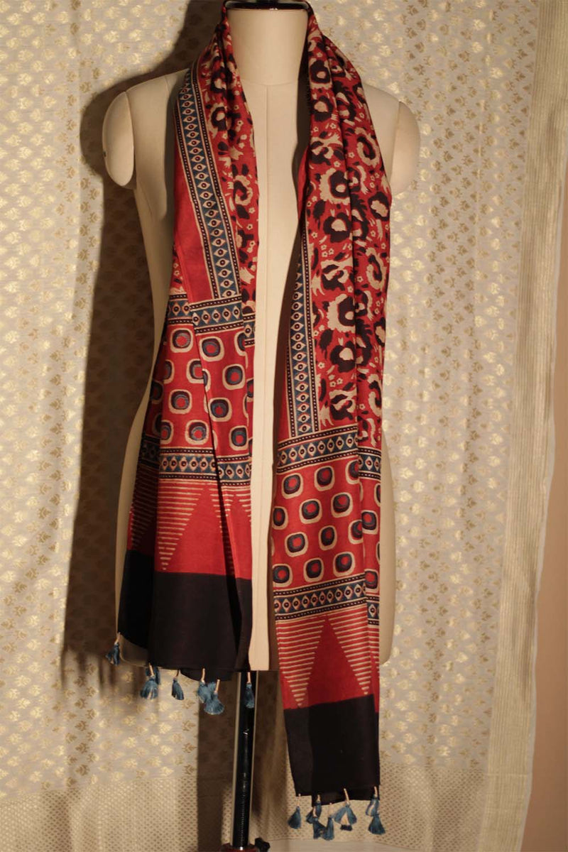 Cotton Silk Stole | Vermillion Ajrakh