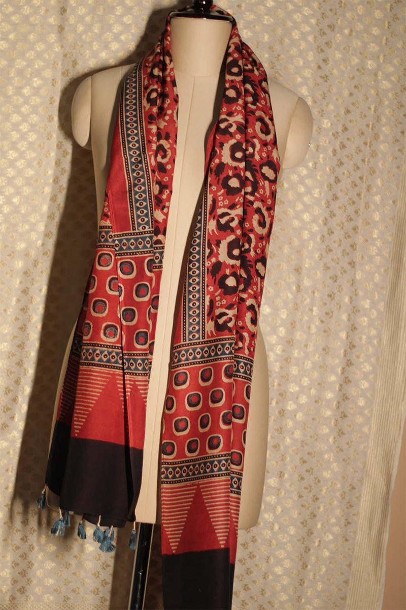 Cotton Silk Stole | Vermillion Ajrakh