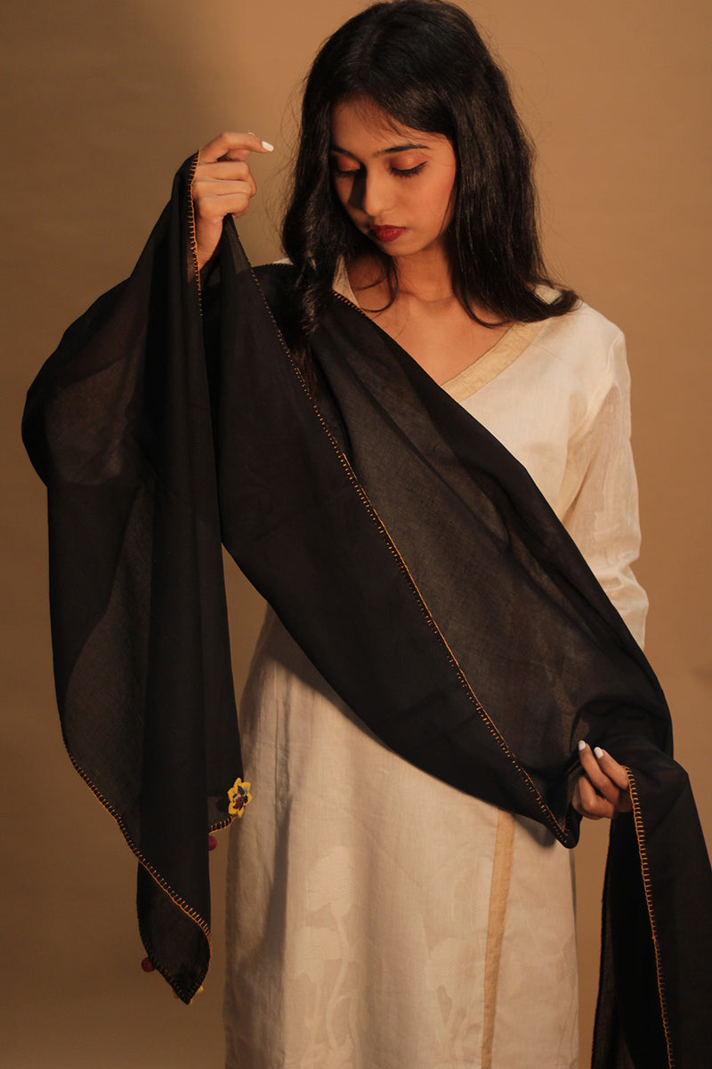 Phulwari | Mul Stole with Chindi Florettes | Noir with Mustard