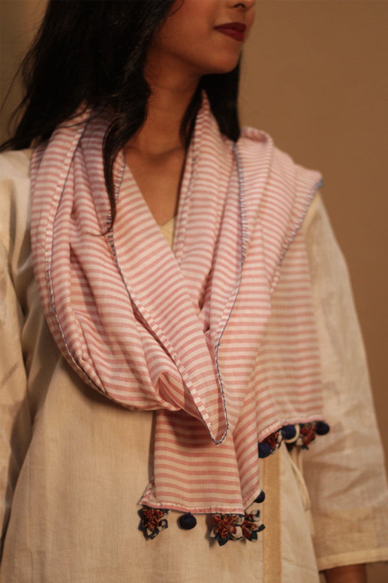 Phulwari | Maheshwari Stole with Chindi Florettes | Pink Stripes