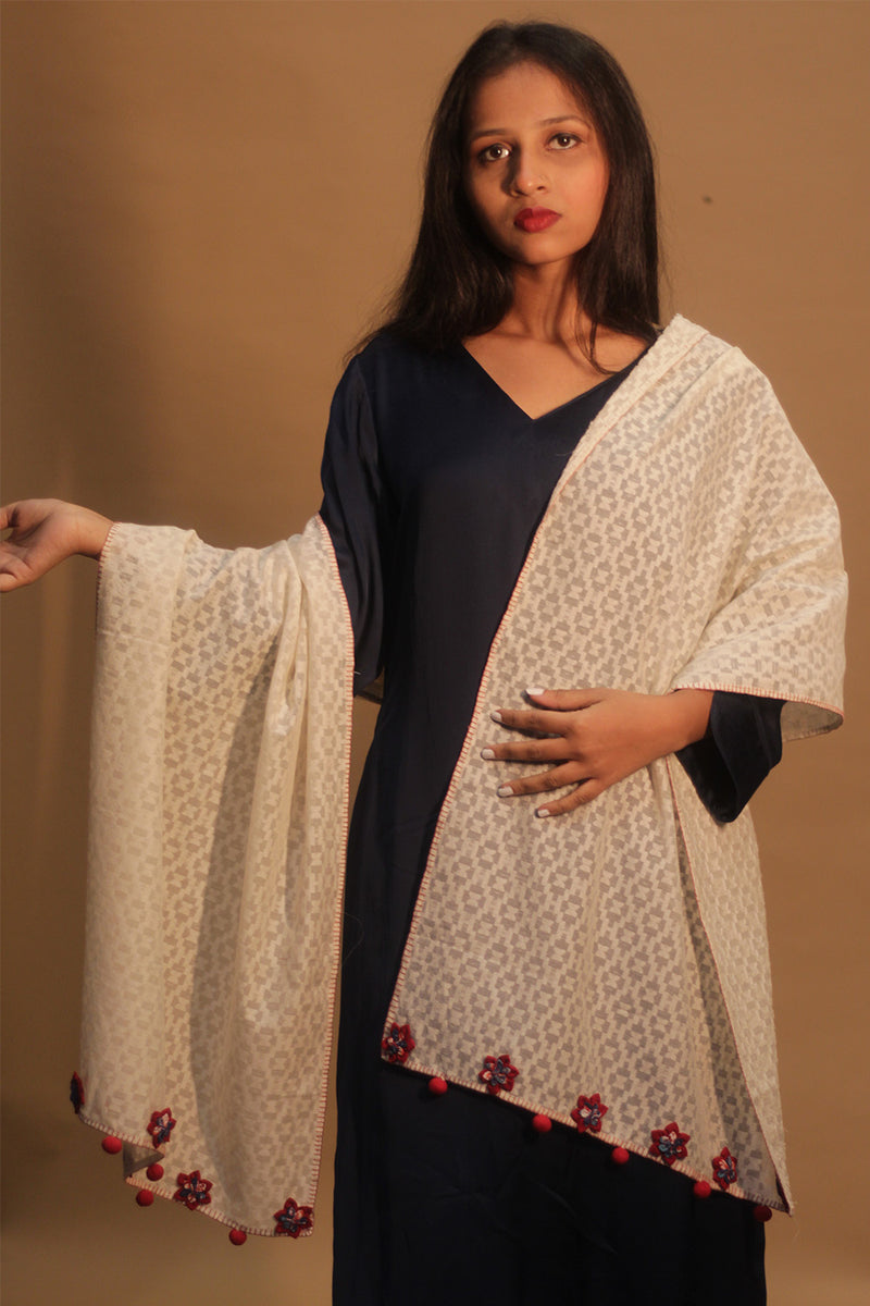 Phulwari | Banarasi Cotton Stole with Chindi Florets | Ivory