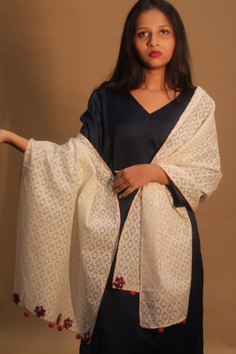 Phulwari | Banarasi Cotton Stole with Chindi Florets | Ivory