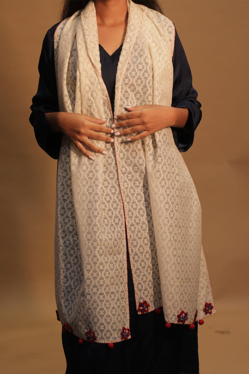 Phulwari | Banarasi Cotton Stole with Chindi Florets | Ivory