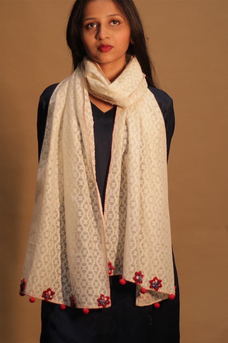 Phulwari | Banarasi Cotton Stole with Chindi Florets | Ivory