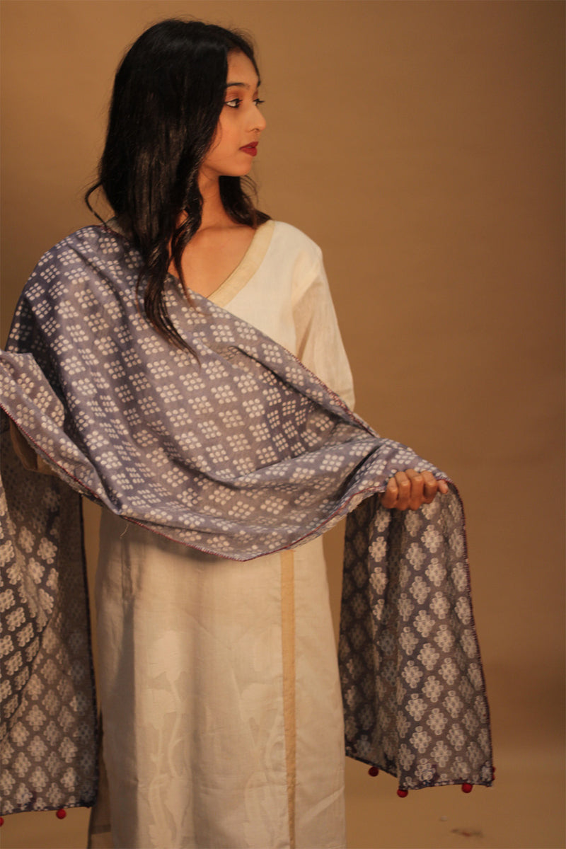 Phulwari | Banarasi Cotton Stole with Chindi Florets | Pearl Grey